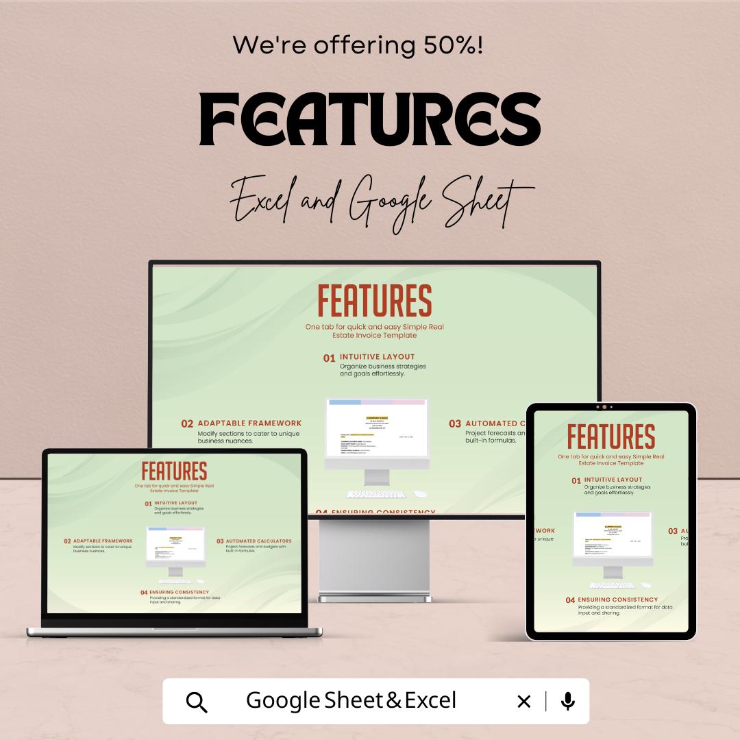 Simple Real Estate Invoice Template - Excel & Google Sheets - Easy-to-Use Invoice Tracker for Property Rentals