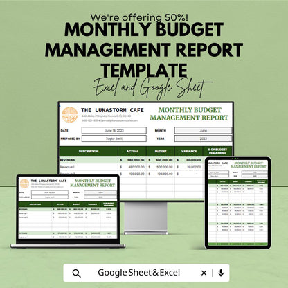 Monthly Budget Management Report Template | Budget Report Spreadsheet | Financial Analysis Sheet