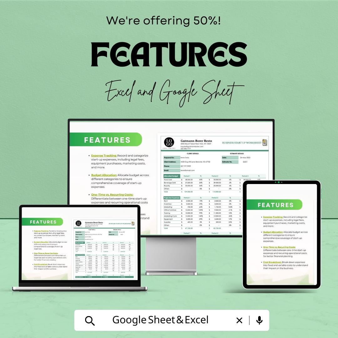 Business Start Up Costs Worksheet | Budget and Expense Tracker for New Businesses | Excel & Google Sheets Template