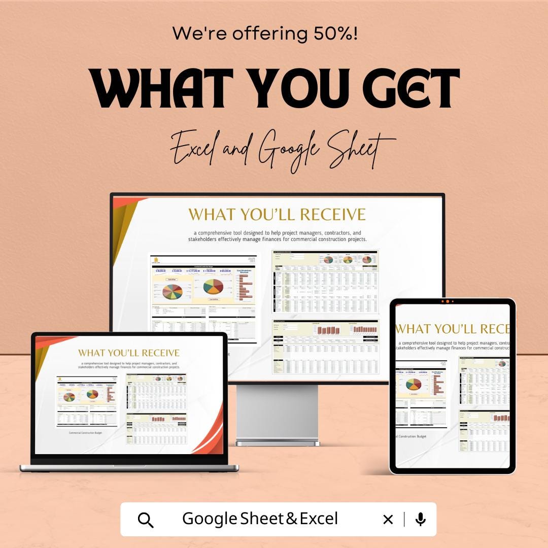 Commercial Construction Budget Template | Construction Cost Estimator | Project Budget Spreadsheet | Excel & Google Sheets