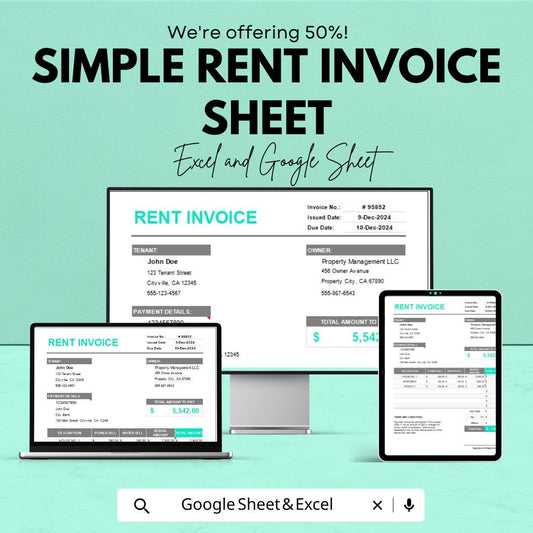 Simple Rent Invoice Sheet | Excel & Google Sheets Template | Rent Billing Template