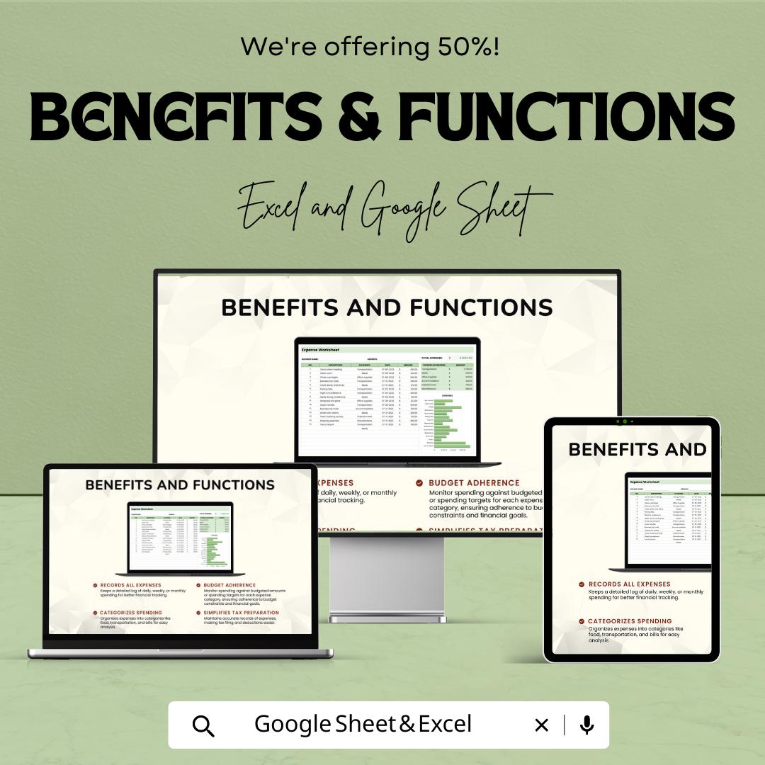 Expense Worksheet Template Excel, Business Expense Tracker, Budget Spreadsheet, Expense Report Sheet, Google Sheets Finance Tracker