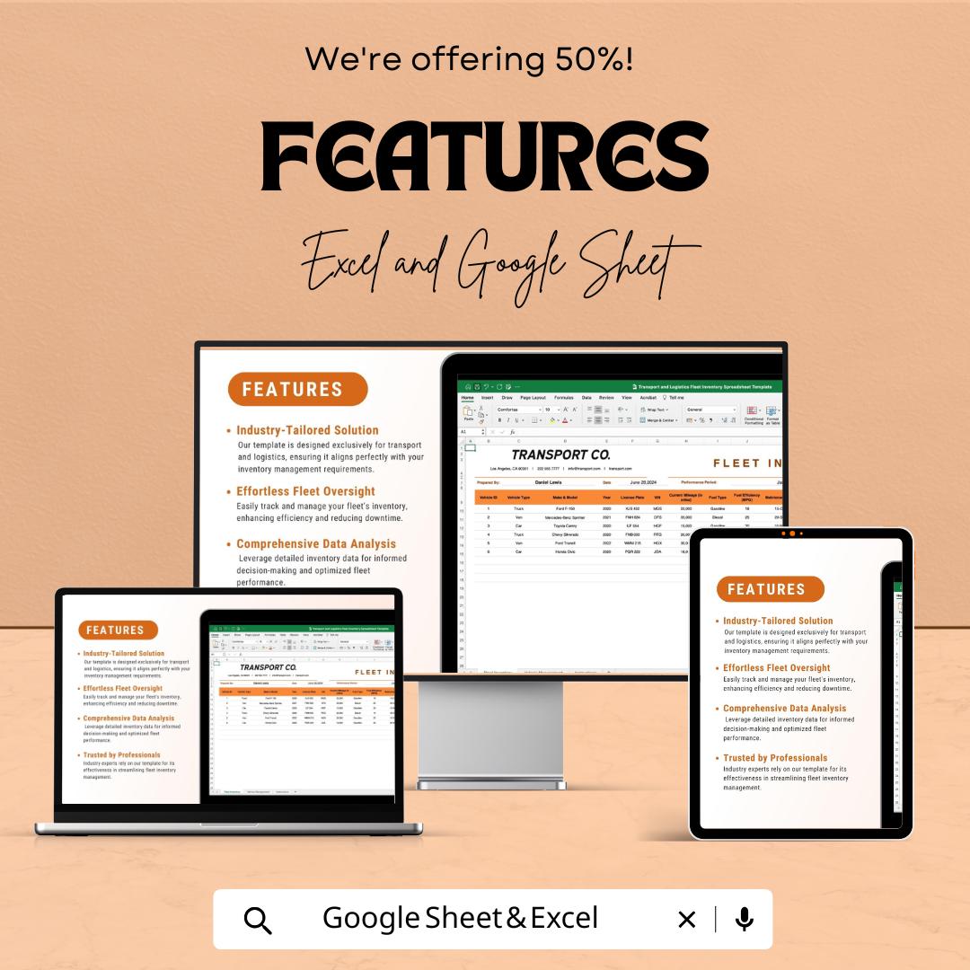 Fleet Inventory Template | Transport and Logistics Vehicle Tracker | Google Sheet & Excel Fleet Management Spreadsheet | Maintenance Log