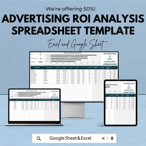 Advertising ROI Analysis Spreadsheet Template, Marketing Performance Dashboard, Ad Spend Tracker, Campaign ROI Calculator