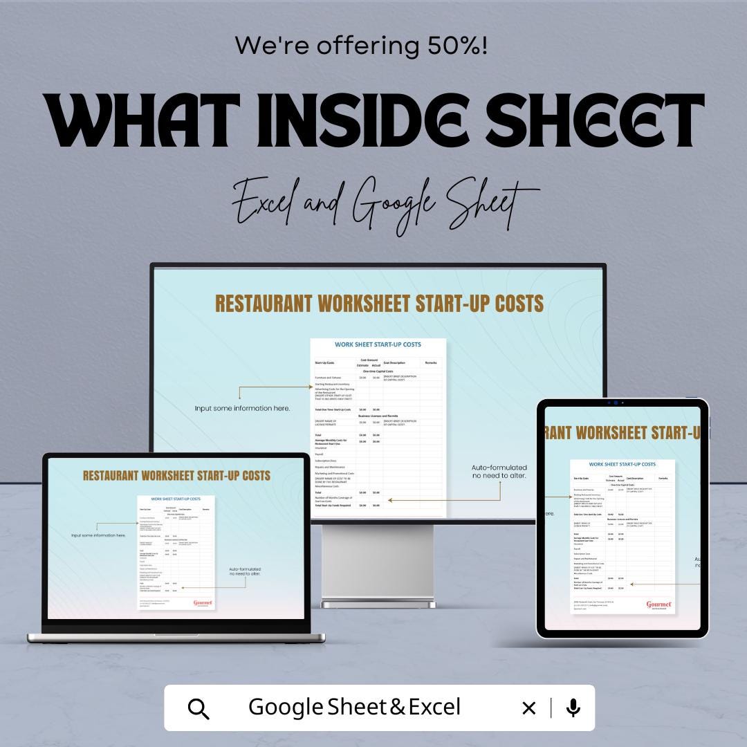 Restaurant Start-Up Cost Worksheet | Google Sheets & Excel Template | Restaurant Budget Planner | Startup Expense Tracker for Small Business