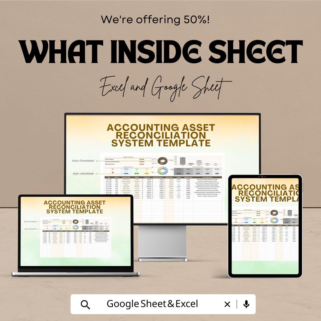 Accounting Asset Reconciliation System Template | Automated Asset Tracker | Accounting Spreadsheet | Business Finance Template