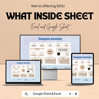 Marketing Content Metrics Dashboard Sheet | Track Marketing Performance & ROI | Real-Time Data Analysis and Customizable Charts |