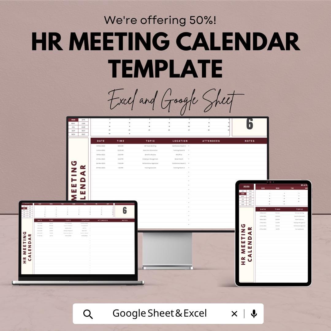 HR Meeting Calendar Template | HR Planner Spreadsheet | Meeting Schedule Tracker | Employee Meeting Log | HR Management Tool