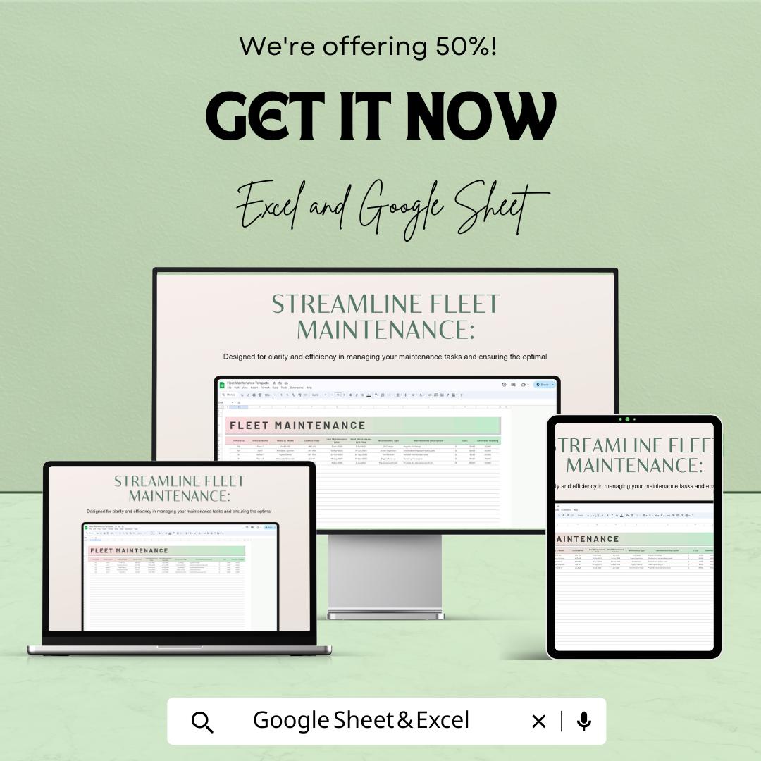 Fleet Maintenance Log Template | Excel & Google Sheets | 50% OFF
