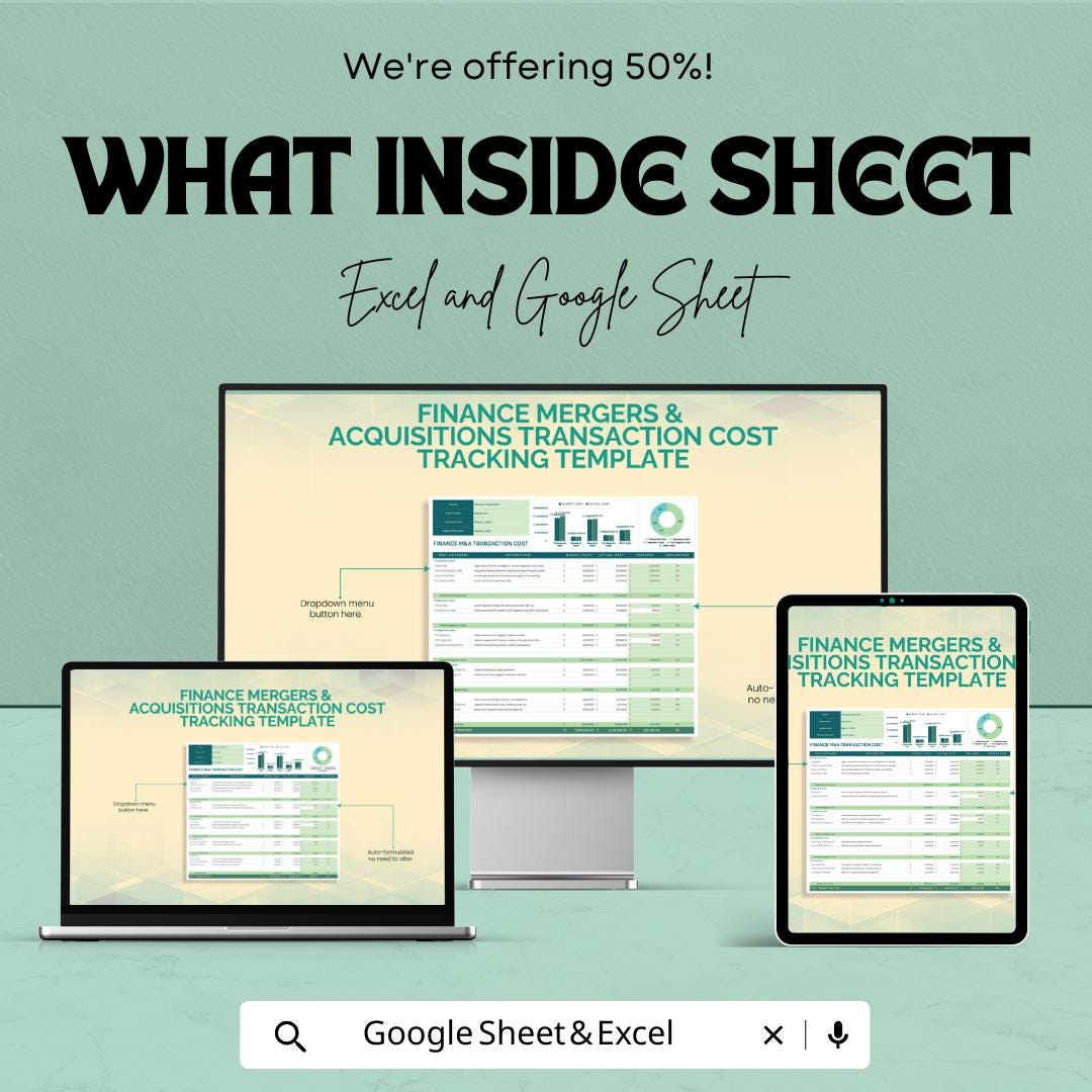 Finance M&A Transaction Cost Tracking Template | Merger Cost Tracker | Budget vs Actual Analysis | M and A Finance Template
