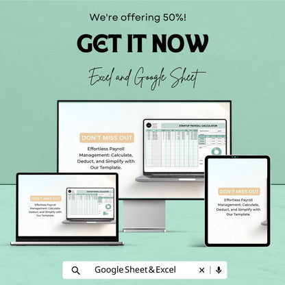 Startup Payroll Calculator Sheet | Excel and Google Sheets Template | Salary, Deductions & Taxes Tracker | 50% OFF