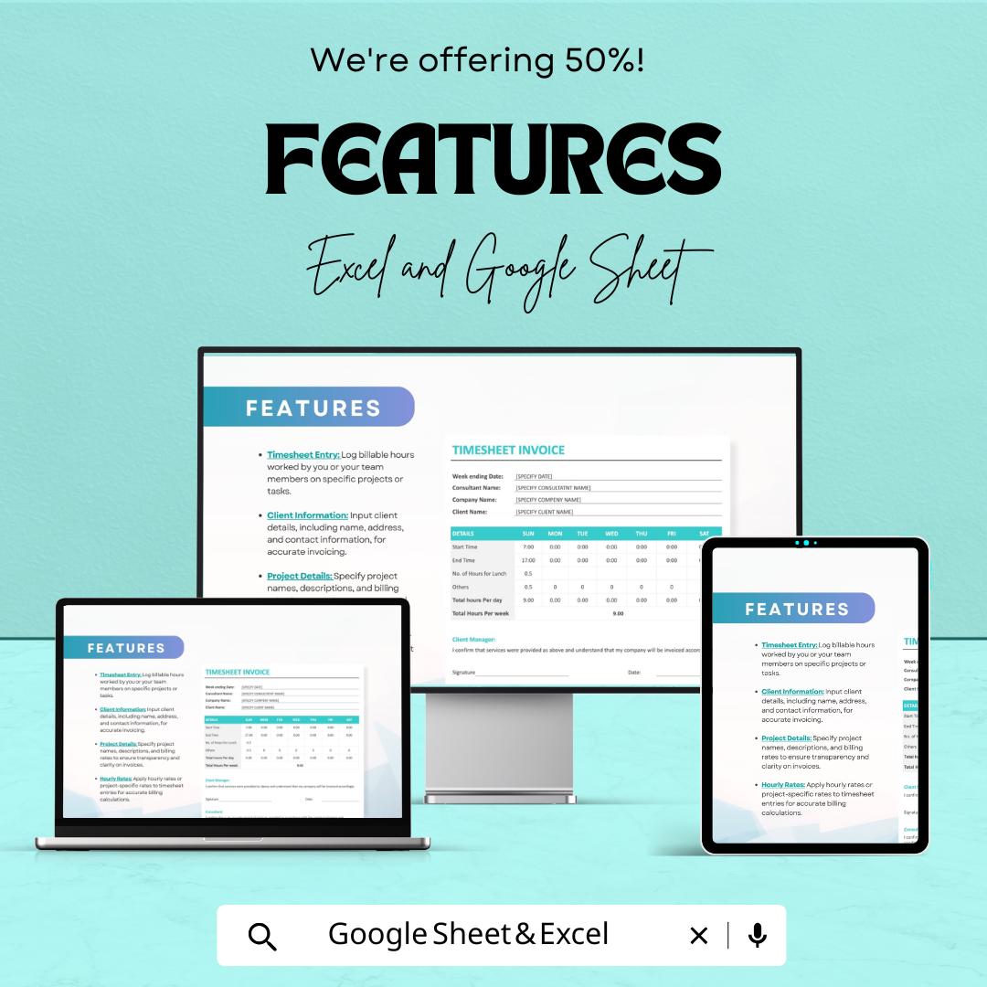 Sample Timesheet Invoice Sheet - Customizable Template for Freelancers, Excel & Google Sheets, Track Billable Hours and Payments
