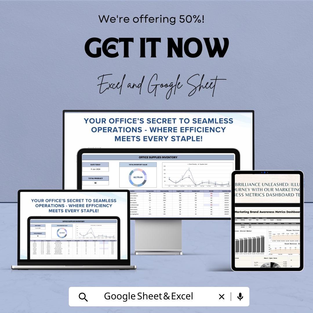 Office Supplies Inventory Dashboard | Google Sheets & Excel | Track Stock, Manage Office Supplies Efficiently | Budgeting Tool
