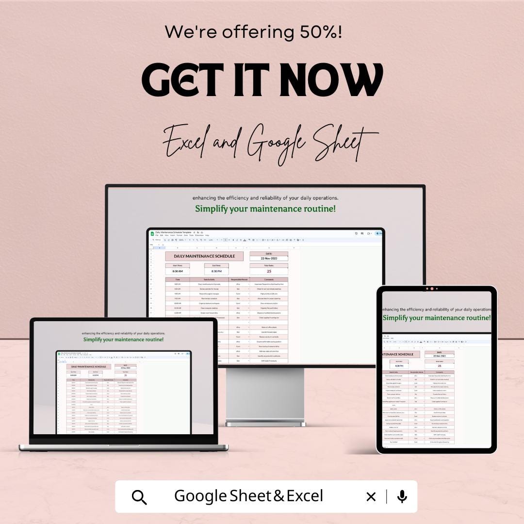 Daily Maintenance Schedule Template | Excel & Google Sheets | 50% OFF