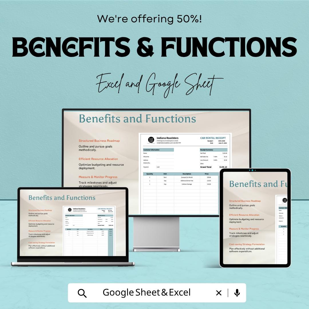 Budget Rental Car Receipt Template | Car Rental Receipt Spreadsheet | Vehicle Rental Invoice Template | Excel & Google Sheets |