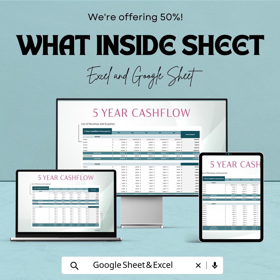 5 Year Cash Flow Forecast Template | Financial Projection Spreadsheet | Business Budget Planner | Excel and Google Sheets Cashflow Tracker