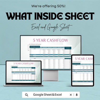 5 Year Cash Flow Forecast Template | Financial Projection Spreadsheet | Business Budget Planner | Excel and Google Sheets Cashflow Tracker