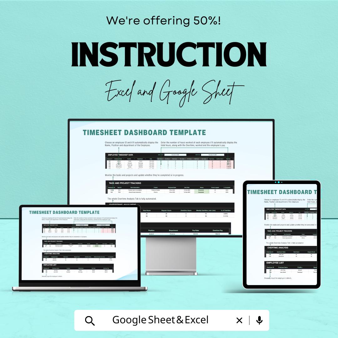 Timesheet Dashboard - Employee Timesheet Tracker - Google Sheet Template - Time Management Dashboard - Task & Project Tracking Sheet