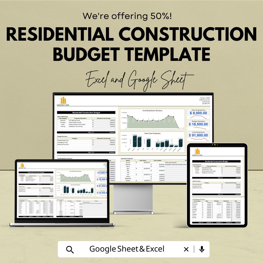 Residential Construction Budget Template | Excel & Google Sheets | Home Build Cost Estimator | Construction Budget Spreadsheet