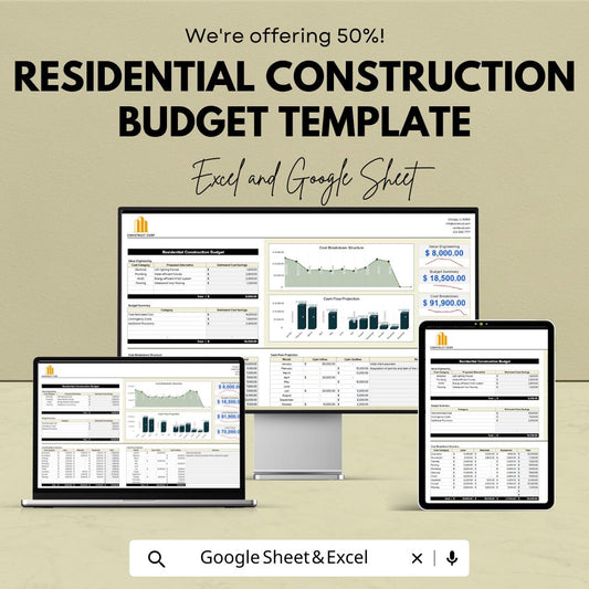 Residential Construction Budget Template | Excel & Google Sheets | Home Build Cost Estimator | Construction Budget Spreadsheet
