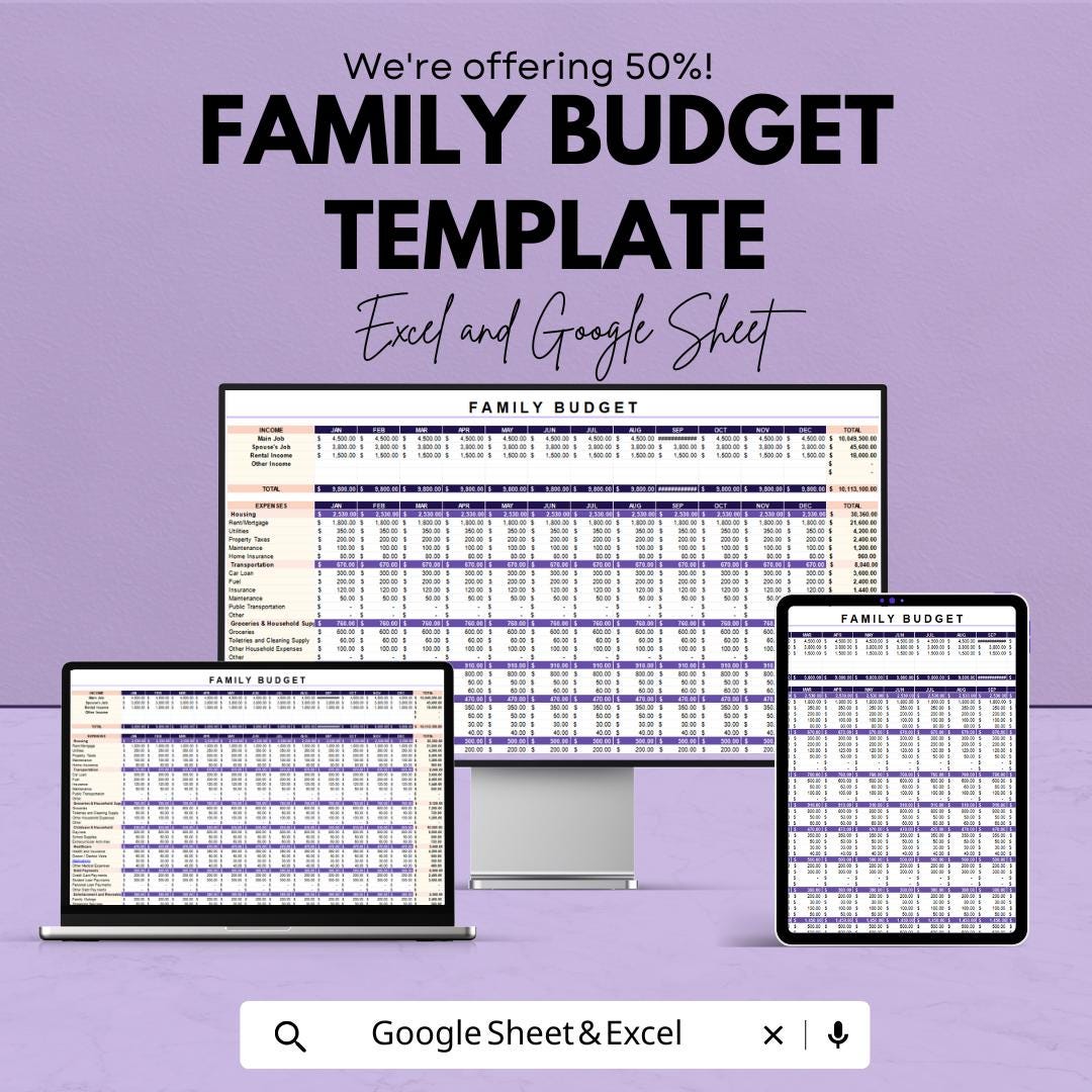 Family Budget Template | Excel & Google Sheets | Monthly Budget Planner | Household Finance Tracker | Budget Spreadsheet