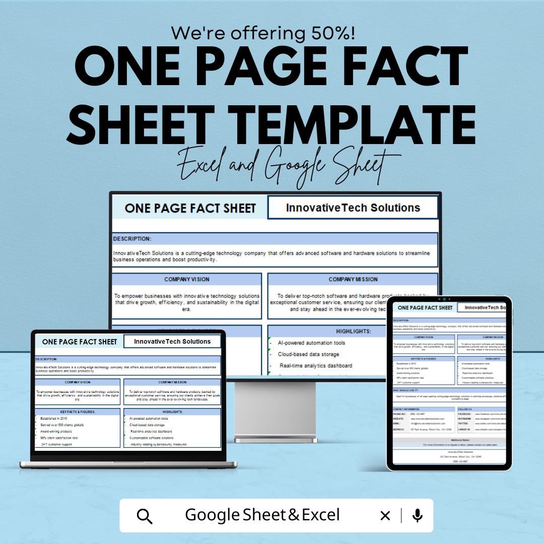 One Page Fact Sheet Template | Company Profile Summary | Business One Pager | Corporate Info Sheet | Brand Overview Template