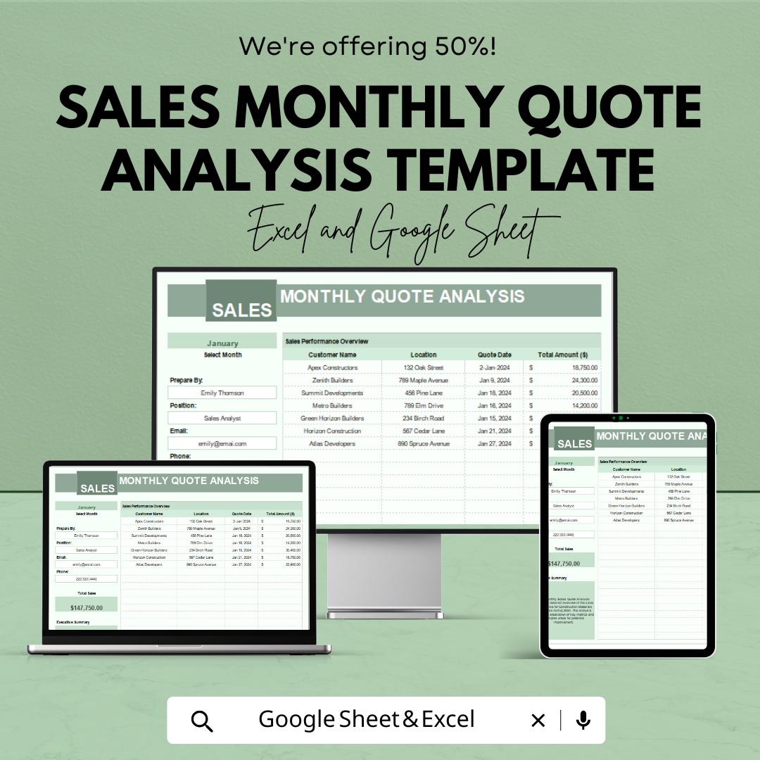 Sales Monthly Quote Analysis Template | Sales Tracker Dashboard | Quote Management | Monthly Report Sheet for Business