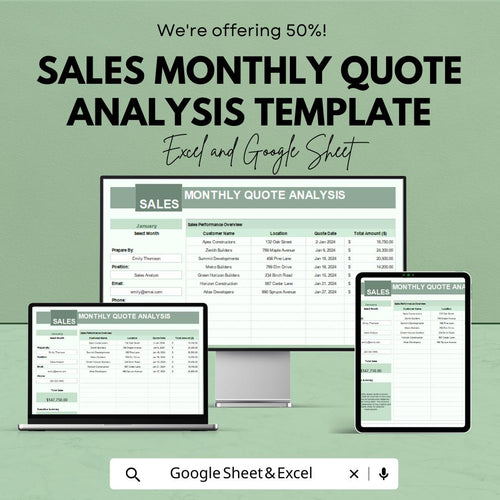 Sales Monthly Quote Analysis Template | Sales Tracker Dashboard | Quote Management | Monthly Report Sheet for Business