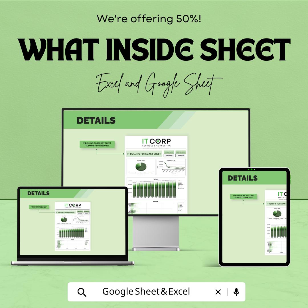 IT Rolling Forecast Sheet Template, Financial Forecast Spreadsheet, Business Budget Dashboard, Cash Flow Forecast, Excel Google Sheets