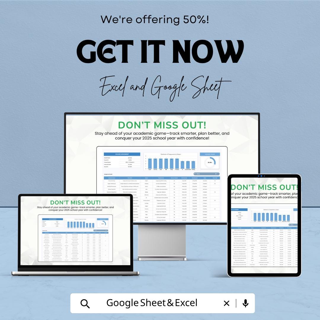 College Assignment Template | Student Assignment Tracker | College Planner Spreadsheet | Excel & Google Sheets | Homework Planner Template |