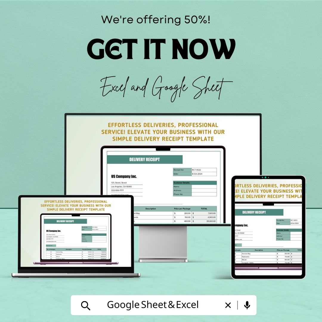 Simple Delivery Receipt Sheet – Excel & Google Sheets, 50% OFF – Track Deliveries, Itemized List, Payment Confirmation, Editable Template