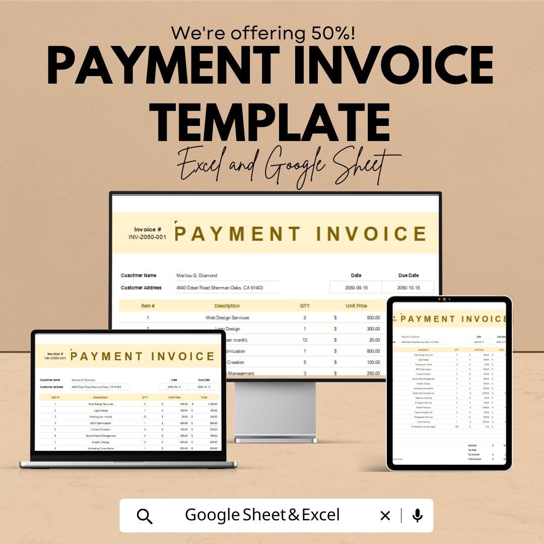 Payment Invoice Template | Google Sheets & Excel | Business Invoice Generator | Billing Statement | Editable Professional Invoice