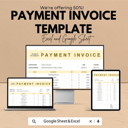 Payment Invoice Template | Google Sheets & Excel | Business Invoice Generator | Billing Statement | Editable Professional Invoice