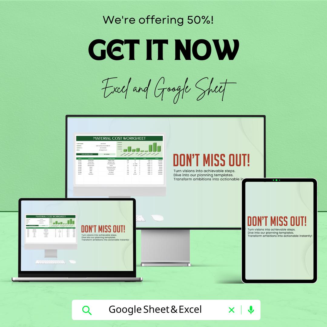 Material Cost Worksheet | Excel and Google Sheet Template | Track Material Costs, Budgeting, and Client Management | Instant Download