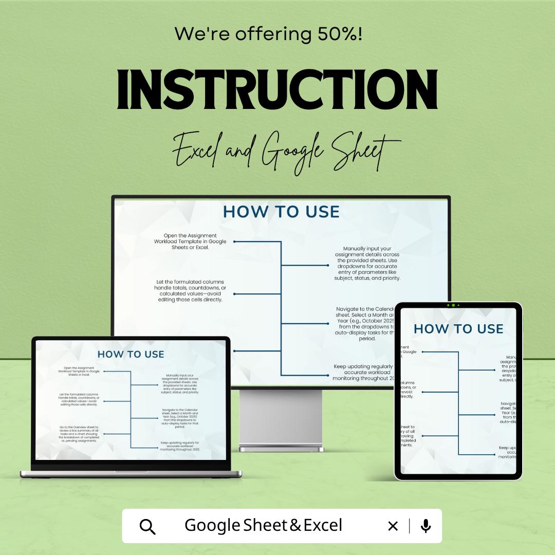 Assignment Workload Template Excel | Assignment Dashboard | Homework Tracker | Study Planner Spreadsheet | Academic Organizer