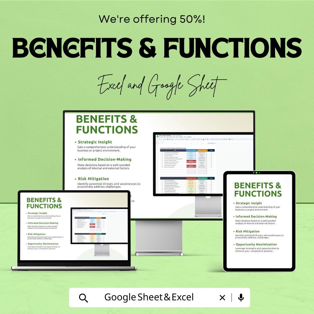 SWOT Analysis Template | Excel & Google Sheets | Business Strategy Planner | SWOT Matrix Dashboard | Strategic Planning Tool