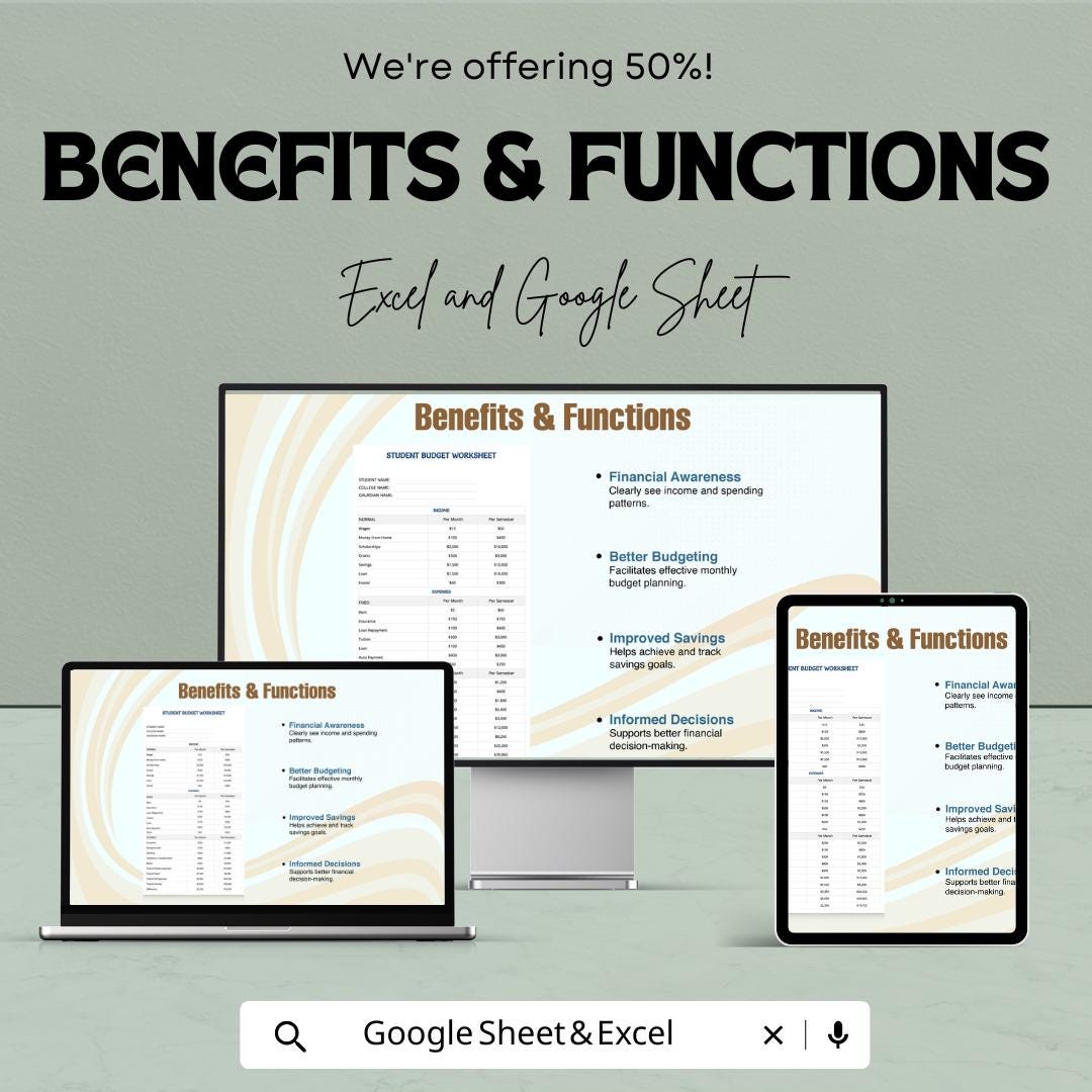 Student Budget Worksheet Template for Excel and Google Sheets | Track Income & Expenses | Financial Planning for Students | 50% Off!