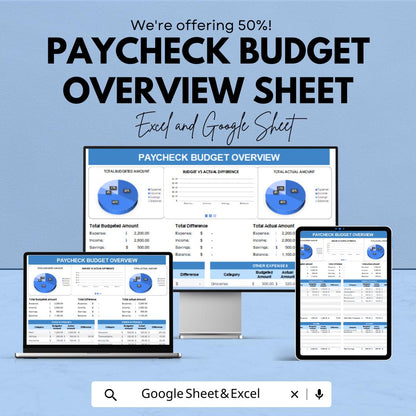 Paycheck Budget Overview Sheet | Excel & Google Sheets Template | Personal Finance Tracker | Budget vs Actual Comparison | 50% Off