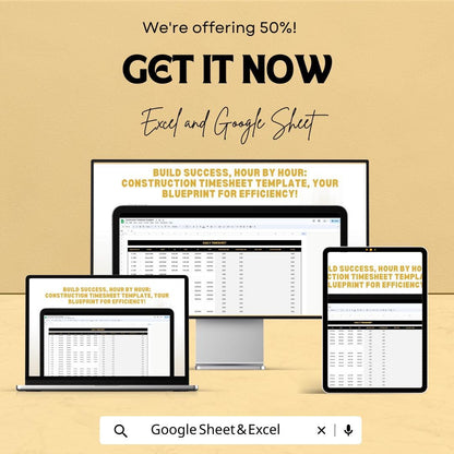 Construction Timesheet Template | Excel & Google Sheet | Track Hours, Crew, Costs | Project Management Spreadsheet