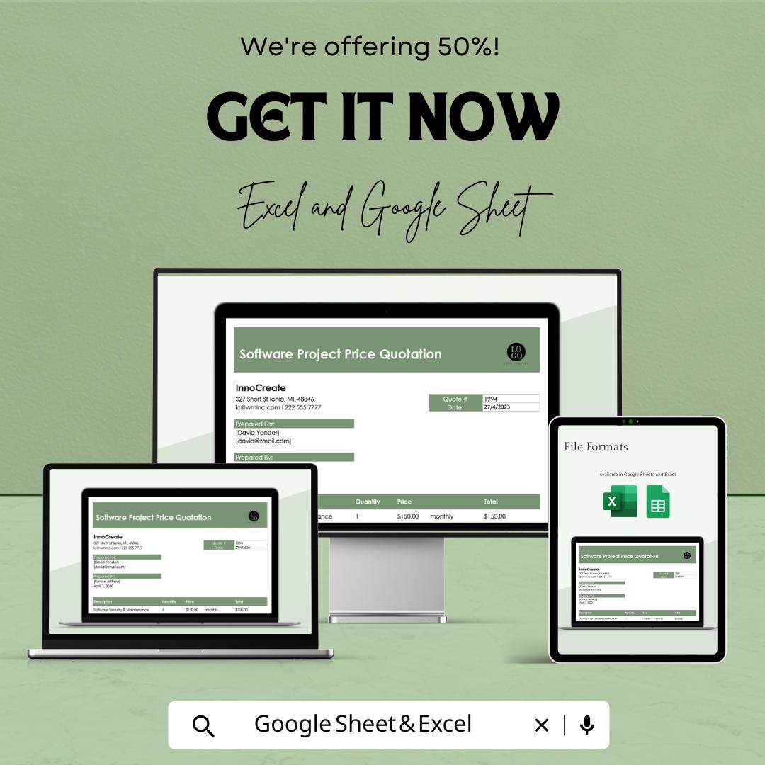 Software Project Price Quotation Sheet | Excel & Google Sheets Template | Editable Business Quotation Form | Printable Software Quote