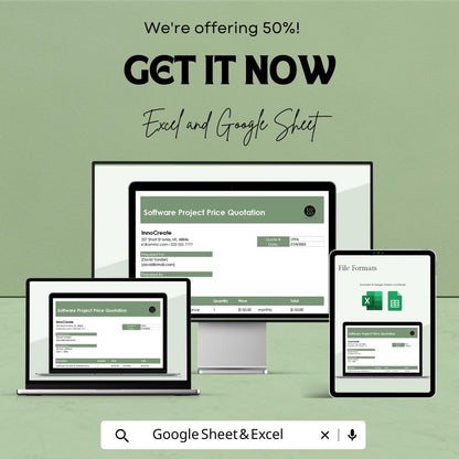 Software Project Price Quotation Sheet | Excel & Google Sheets Template | Editable Business Quotation Form | Printable Software Quote
