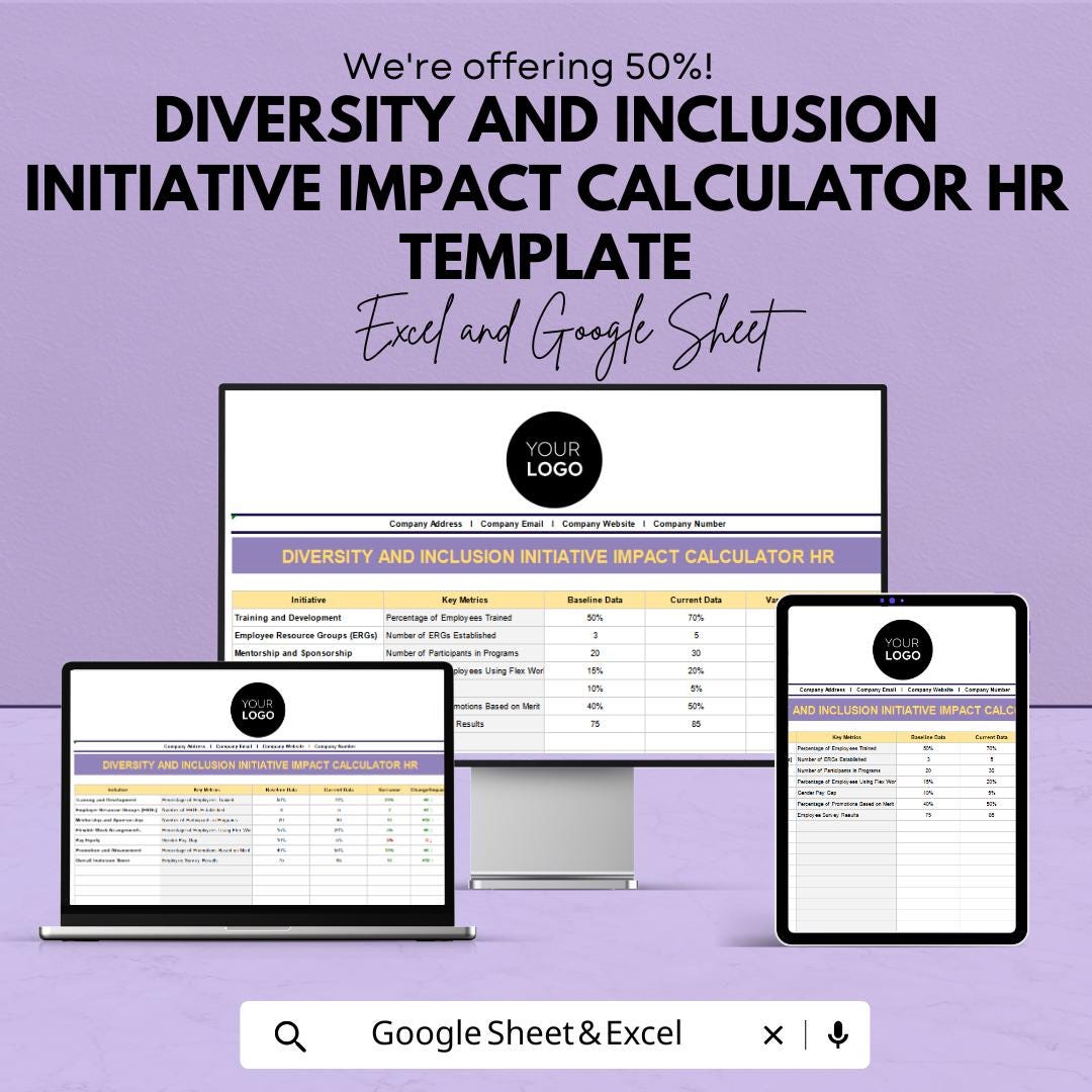 Diversity and Inclusion Impact Calculator HR Template | DEI Metrics Tracker | Hr Analytics Spreadsheet | Excel Google Sheets DEI Dashboard