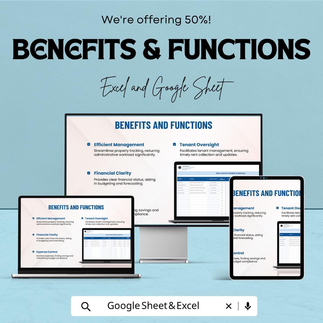 Real Estate Owned Schedule Template | Rental Property Tracker | Property Management Spreadsheet | Excel Google Sheets | Investment Tracker