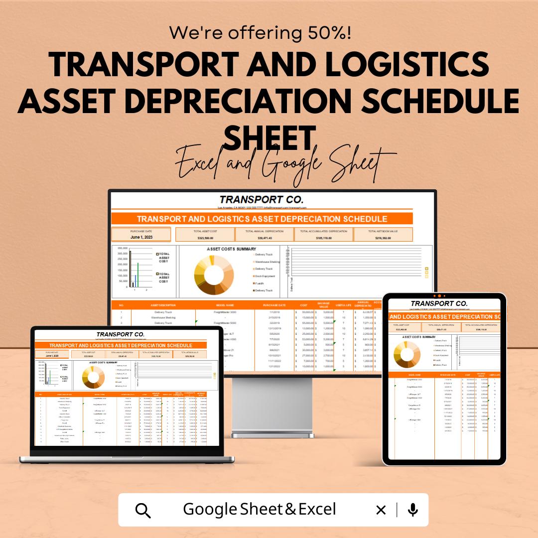 Transport & Logistics Asset Depreciation Schedule | Excel and Google Sheets | Financial Tracker for Fleet and Equipment Management