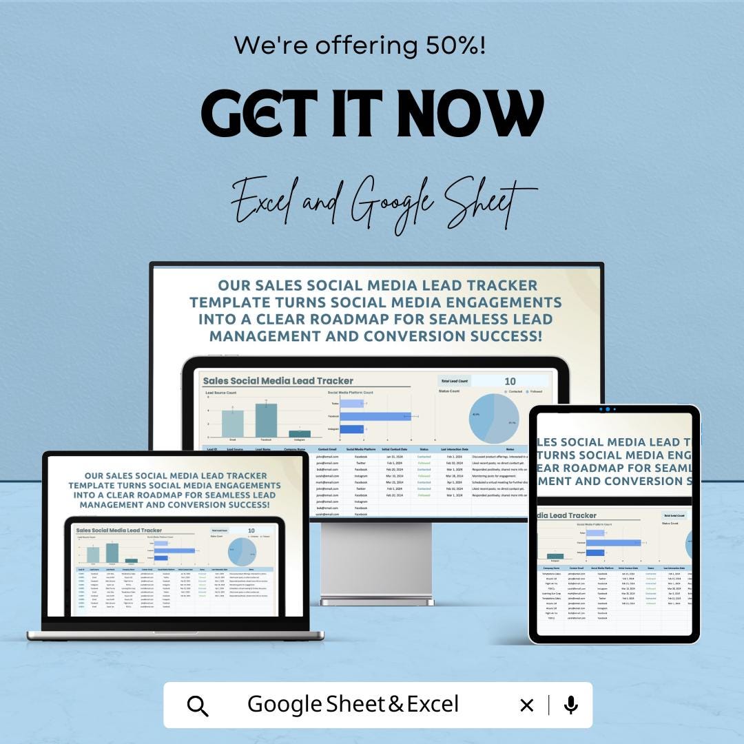 Sales Social Media Lead Tracker Template | Excel & Google Sheets | Lead Management Tracker | Social Media Lead Log | Lead Source Tracker |