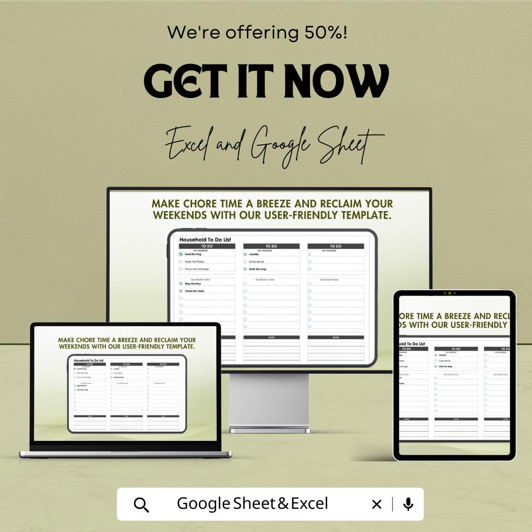 Household Chores List Sheet | Excel & Google Sheets | To-Do List, Home Management, Task Organizer