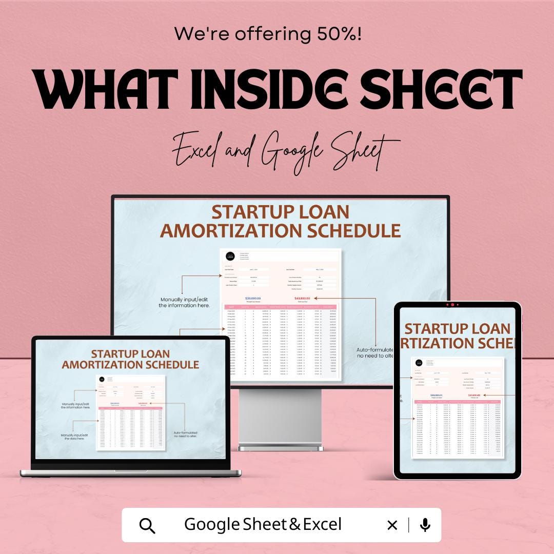 Startup Loan Amortization Schedule Template | Excel & Google Sheets Loan Calculator | Business Finance Spreadsheet