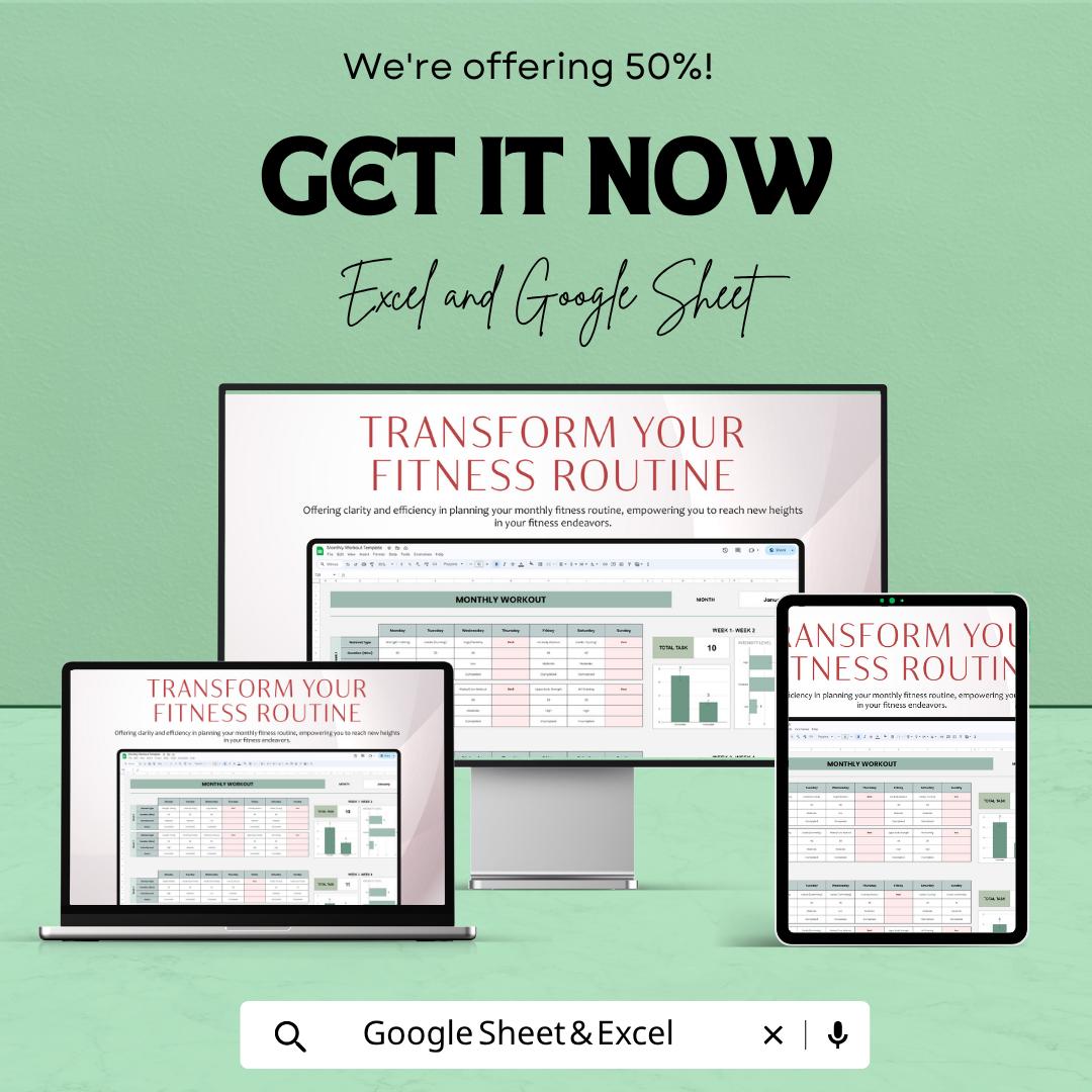 Monthly Workout Template Excel & Google Sheets | Fitness Planner Spreadsheet | Gym Tracker Dashboard | Workout Log Digital