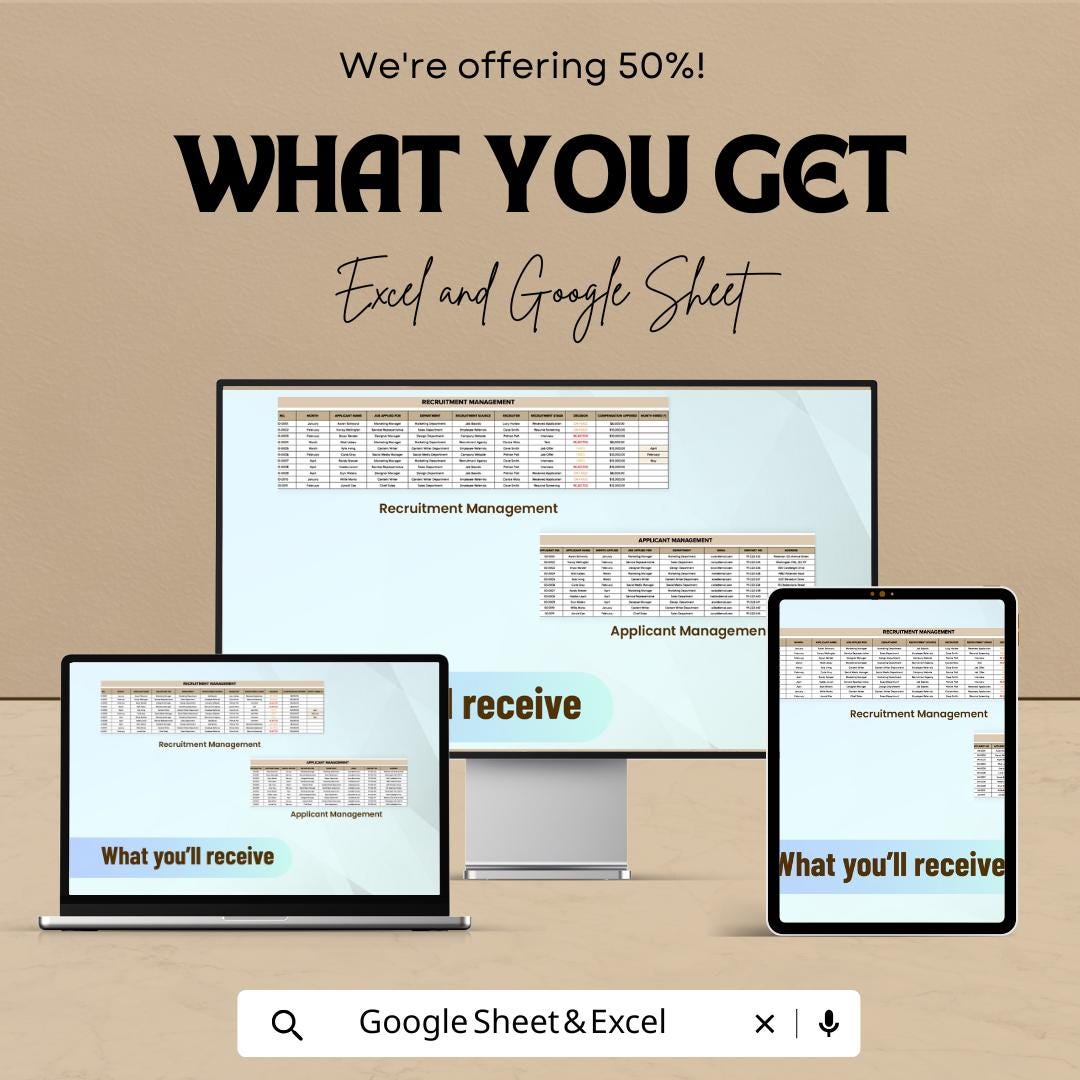 Recruitment Dashboard | Google Sheet Template - Applicant Tracking, Hiring Metrics, Performance Analytics, Recruitment Management Dashboard