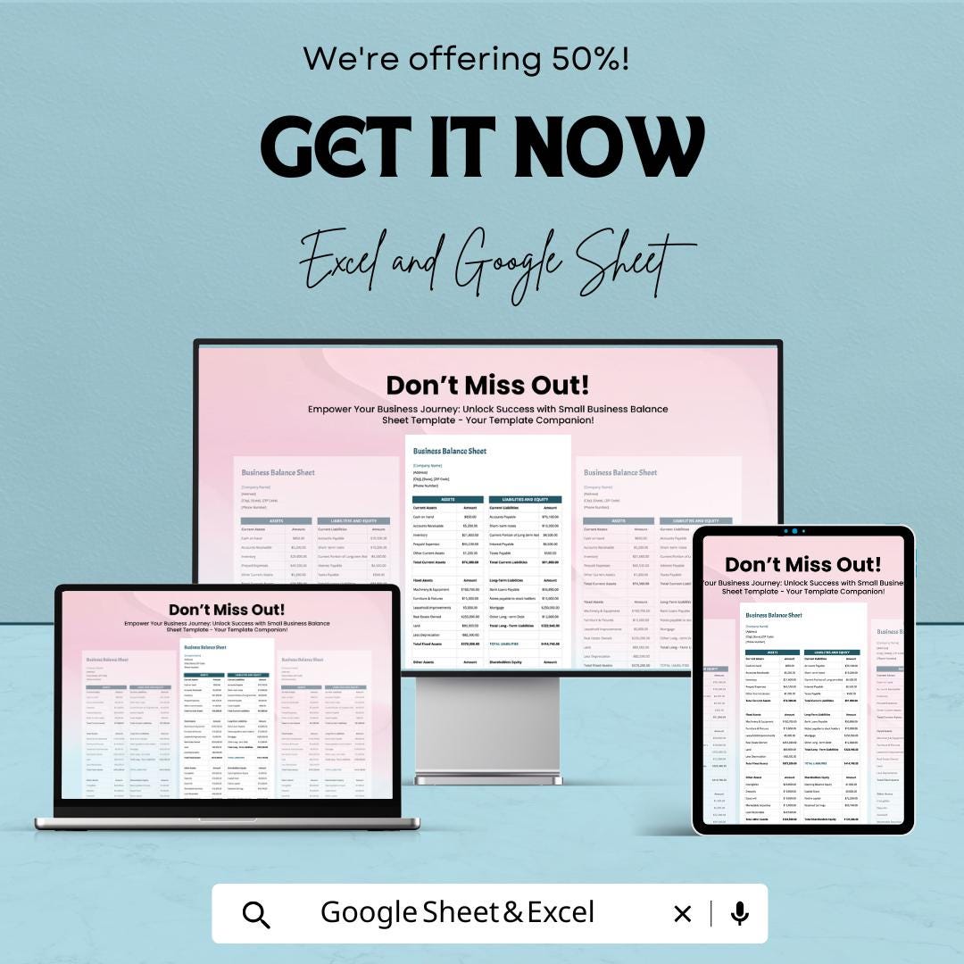 Small Business Balance Sheet - Excel & Google Sheet Template | Financial Tracking for Small Businesses | Easy-to-Use | 50% Off